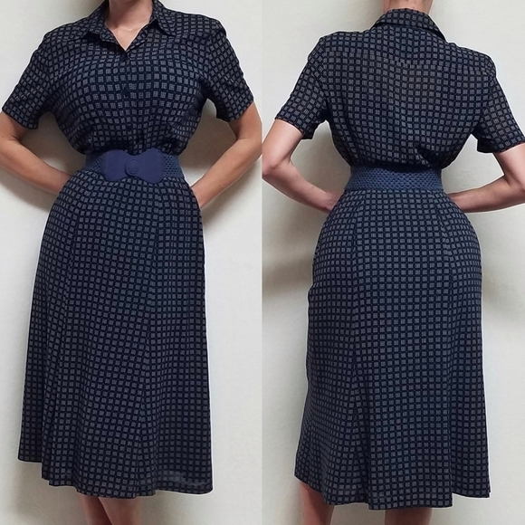 VINTAGE 90s Pendleton Navy Blue Square Print Cropped Blouse Flared Skirt Set 6 - Picture 1 of 16